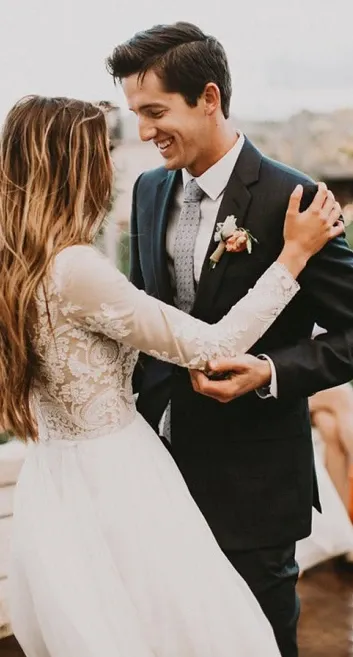 Anneprom Vintage Long Sleeve Ivory Lace Chiffon Scoop Wedding Dresses Country Wedding Gowns APW0376