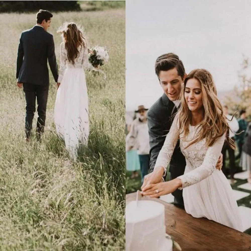 Anneprom Vintage Long Sleeve Ivory Lace Chiffon Scoop Wedding Dresses Country Wedding Gowns APW0376