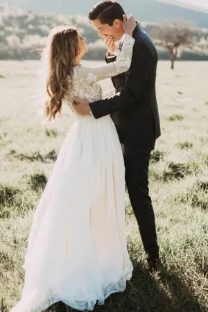Anneprom Vintage Long Sleeve Ivory Lace Chiffon Scoop Wedding Dresses Country Wedding Gowns APW0376