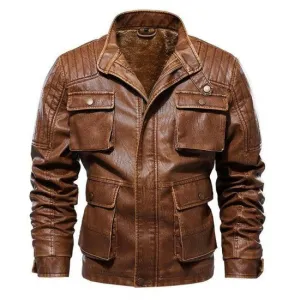 Antique Brown Leather Jacket with Cargo Pockets for Men
