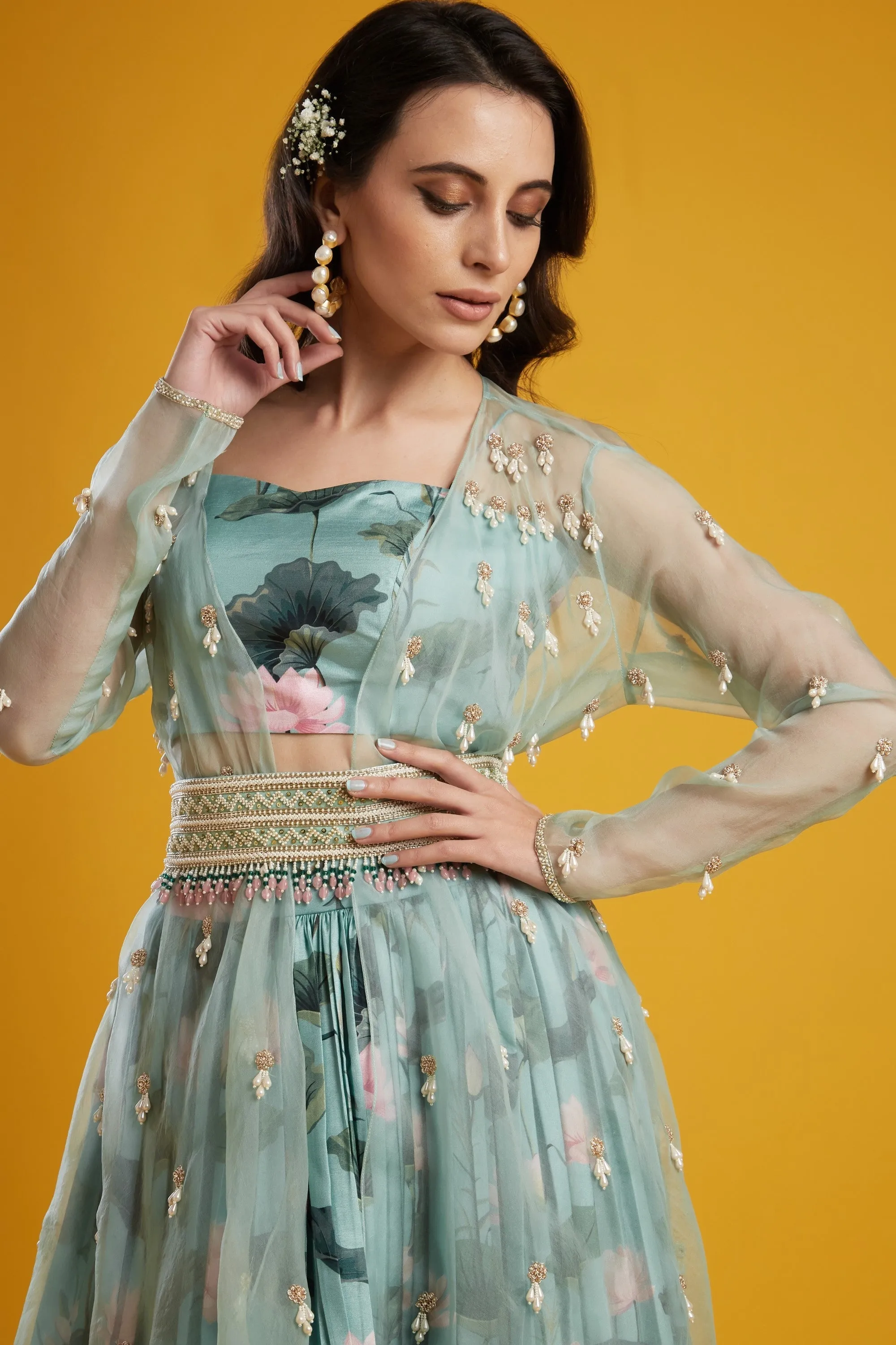 Aqua Printed Lehenga Set