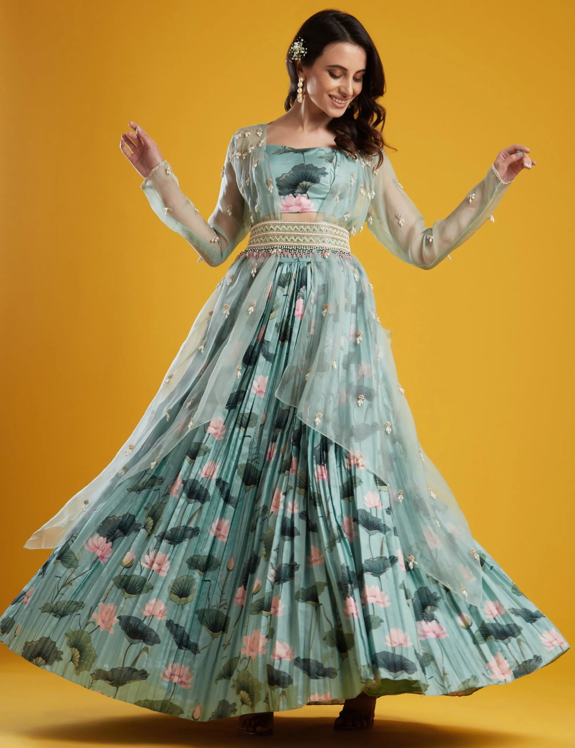 Aqua Printed Lehenga Set