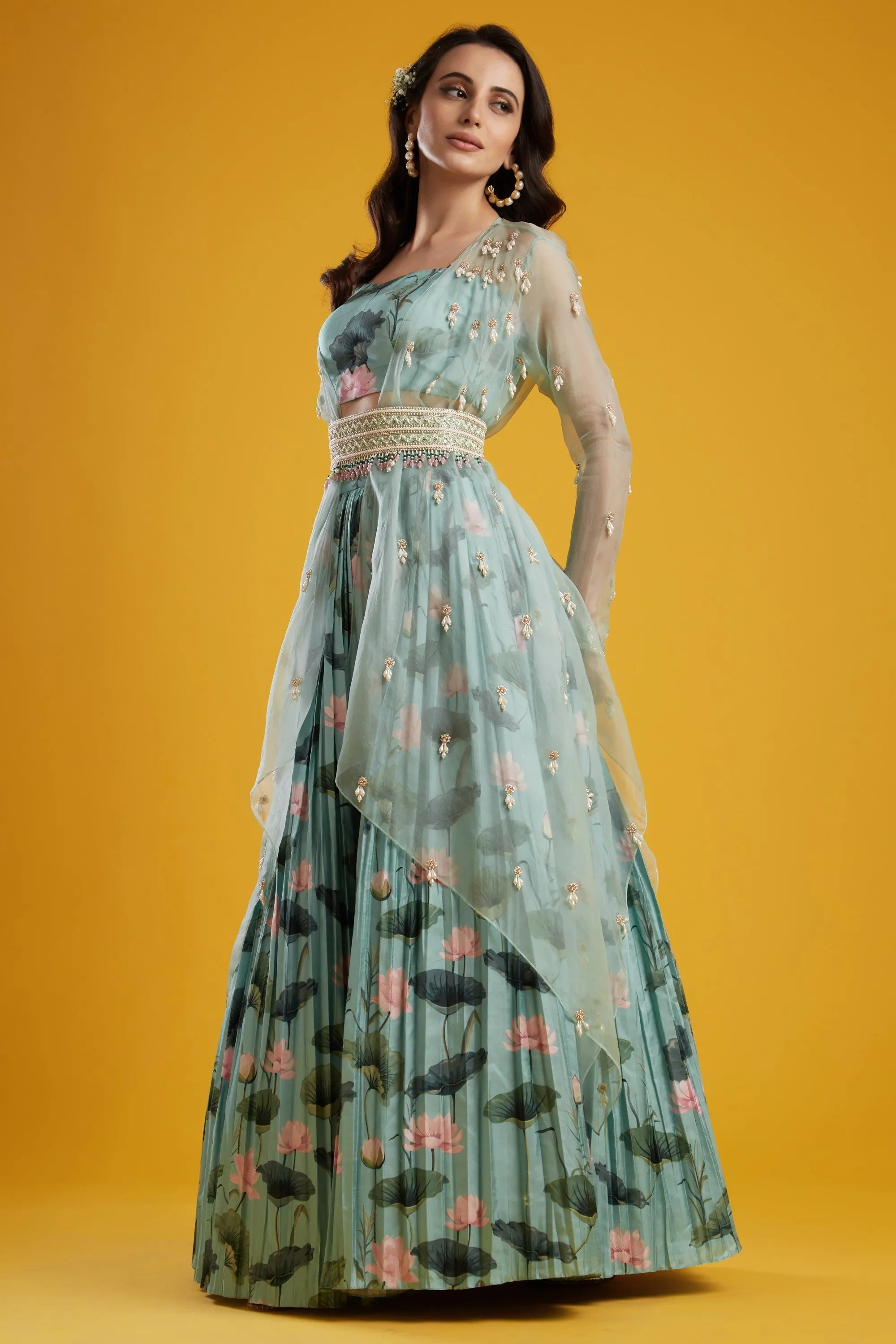 Aqua Printed Lehenga Set