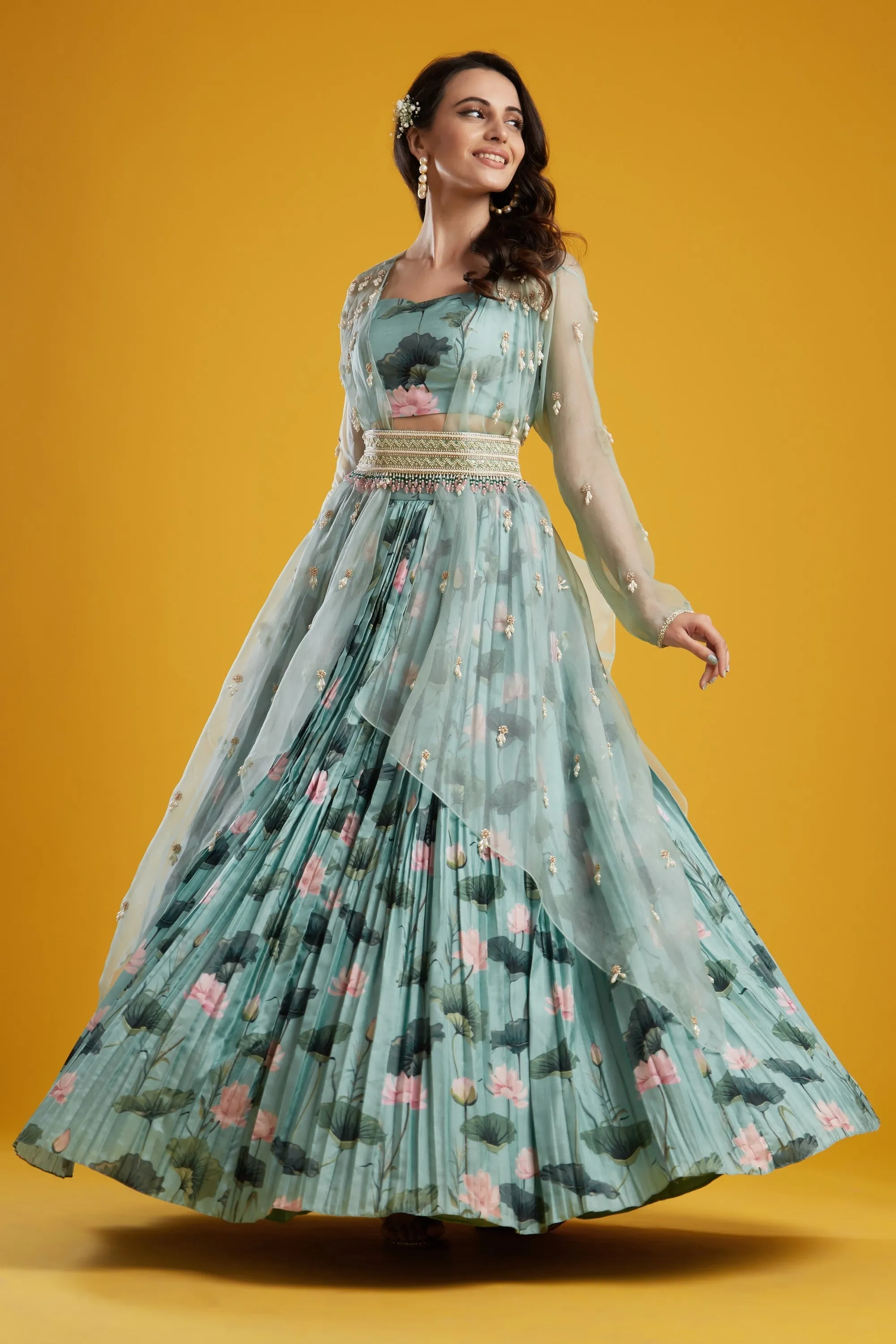 Aqua Printed Lehenga Set