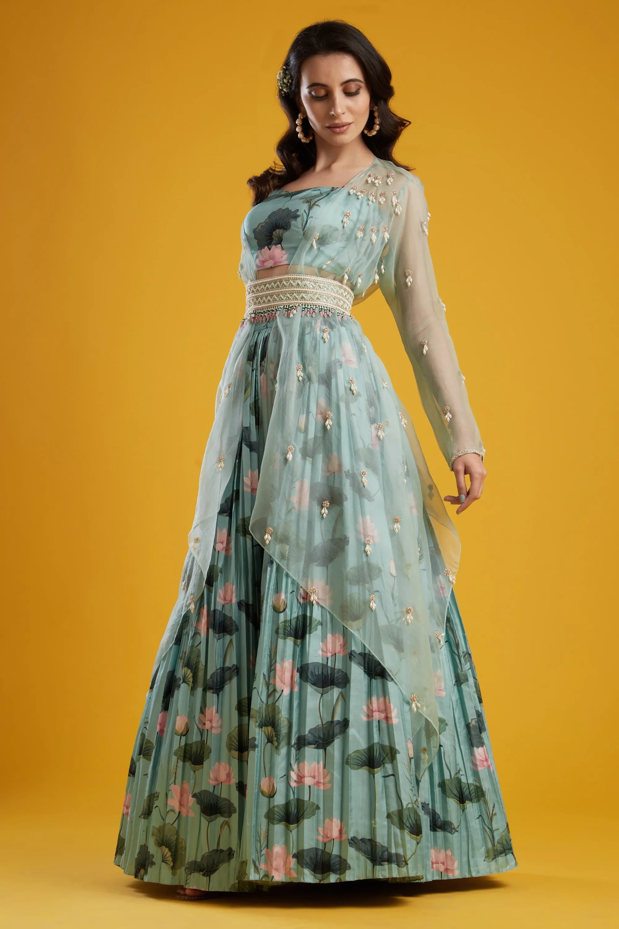 Aqua Printed Lehenga Set