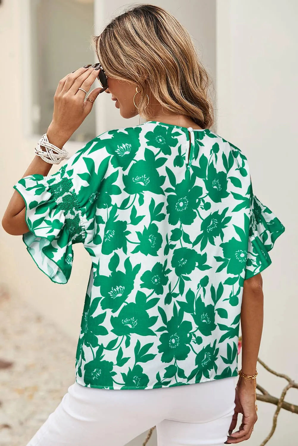Audrey Floral Printed Ruffled Short Sleeve Round Neck Blouse