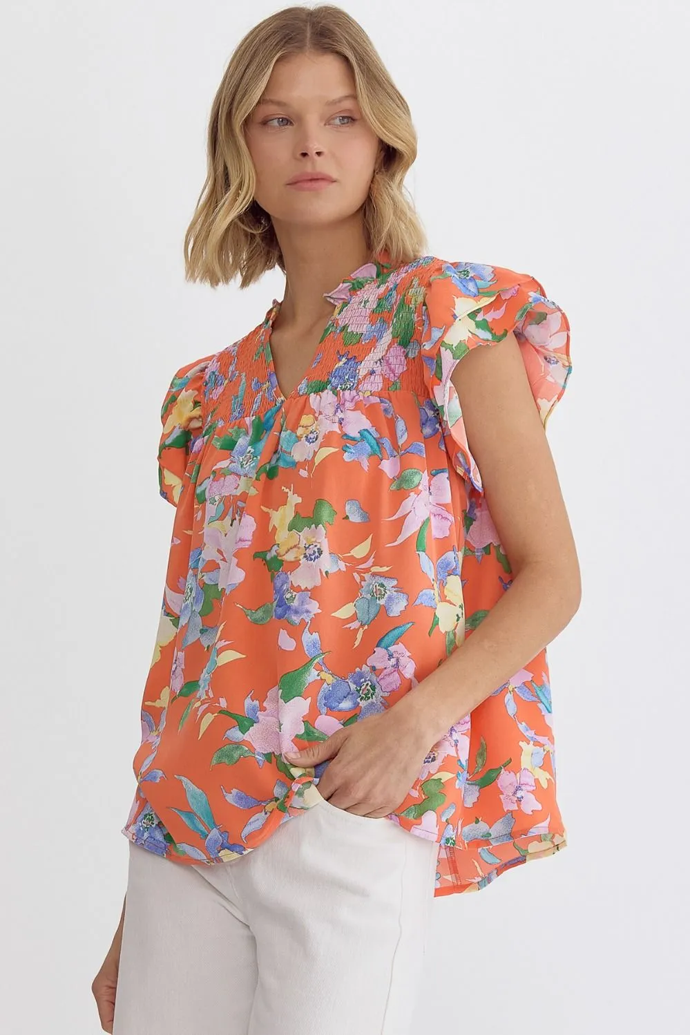 Avery Floral print V-Neck Ruffle sleeve Top Featuring Smocked Detail