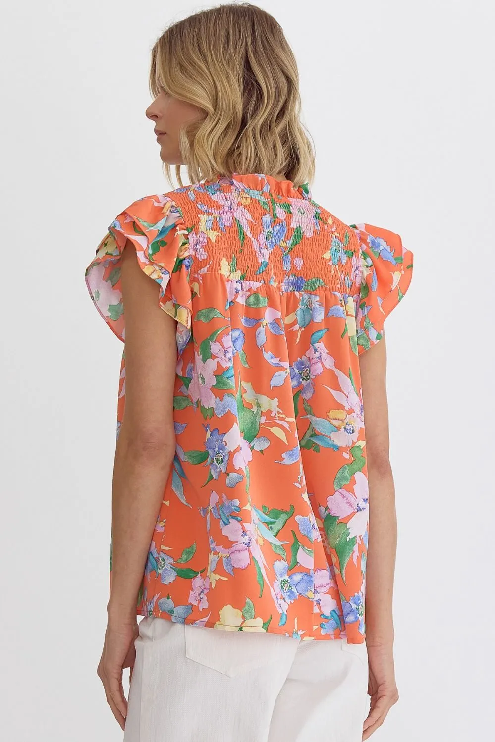 Avery Floral print V-Neck Ruffle sleeve Top Featuring Smocked Detail