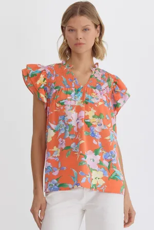 Avery Floral print V-Neck Ruffle sleeve Top Featuring Smocked Detail