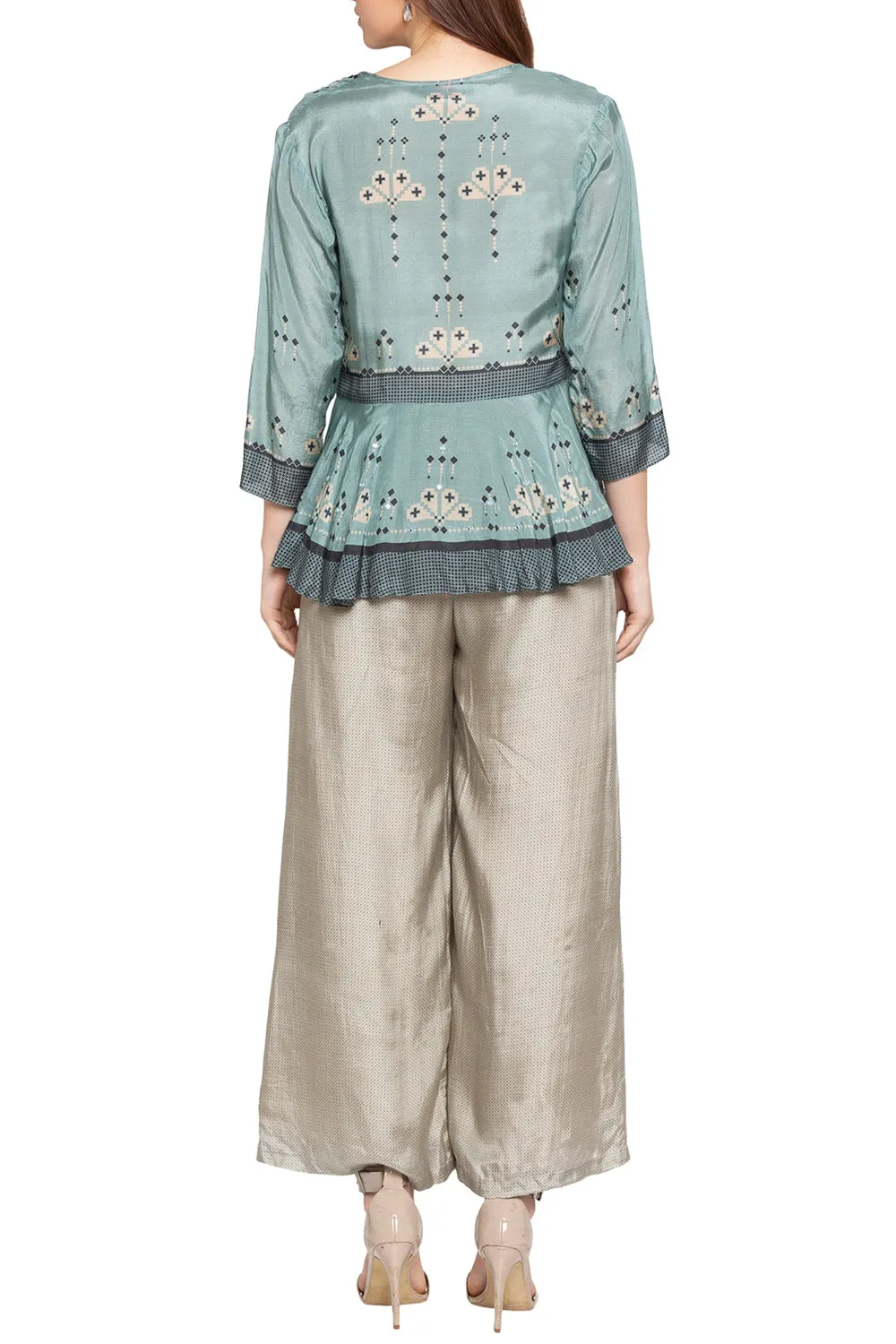 Azure Printed Jumpsuit With Peplum Jacket