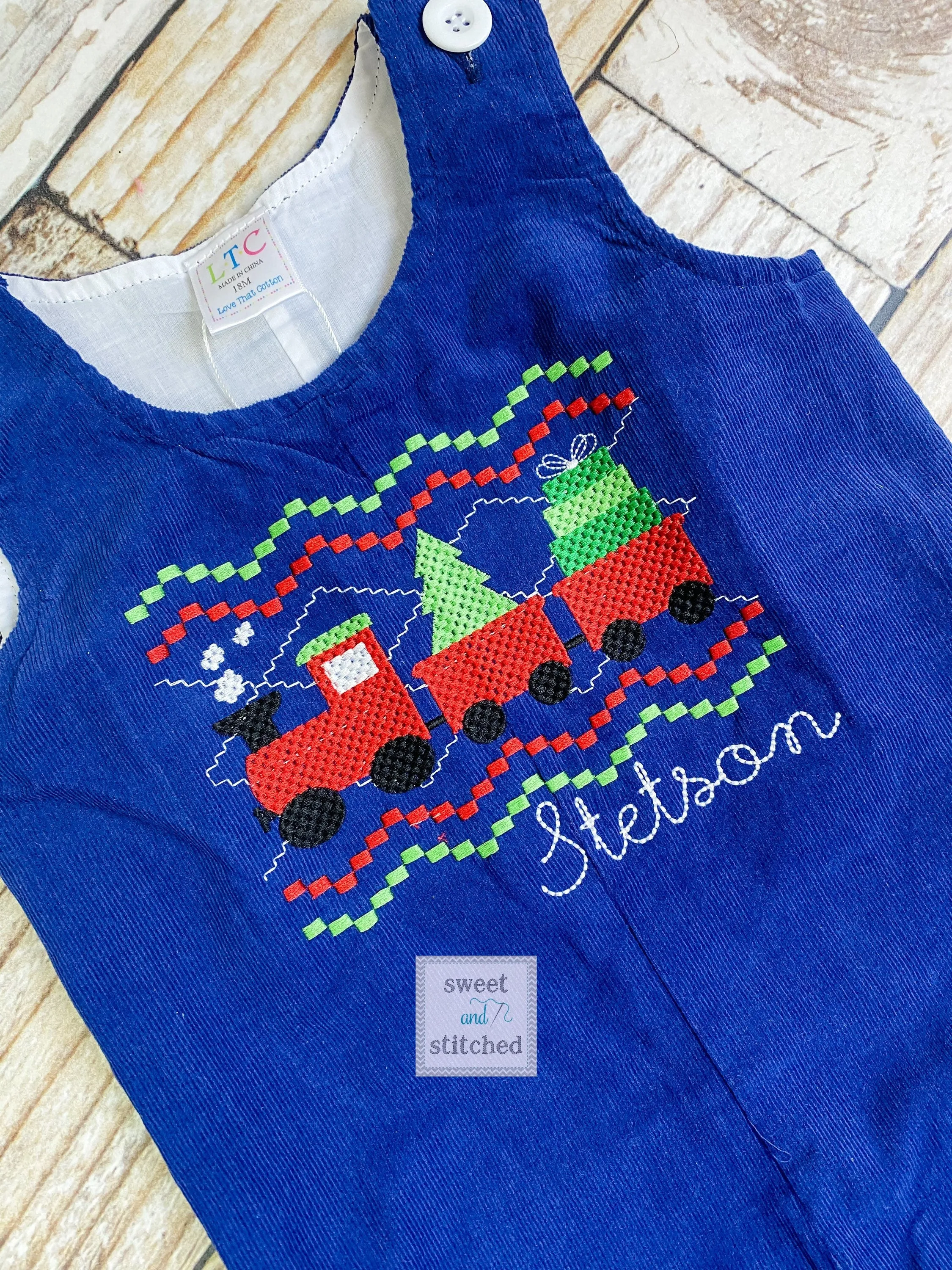 Baby boy Christmas faux smock train outfit, Toddler Boys Christmas overalls, Boys monogrammed santa outfit, Navy Corduroy Christmas Outfit