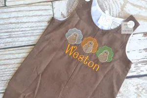 Baby Boy thanksgiving outfit with turkeys and name in vintage style, boys corduroy overalls personalized, Monogrammed thanksgiving longall