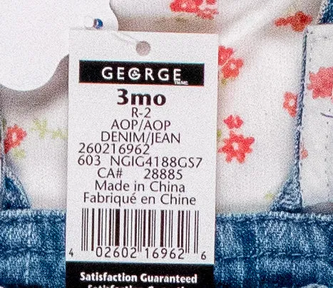 BABY GIRL SIZE 3 MONTHS - GEORGE, 2 Piece Matching Overalls Set NWT B16