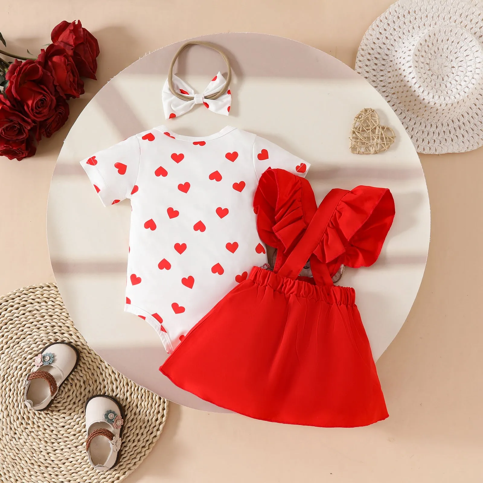 Baby jumpsuit overalls dress set for baby girl with heart short sleeves triangle romper with bear chapter ruffled dress