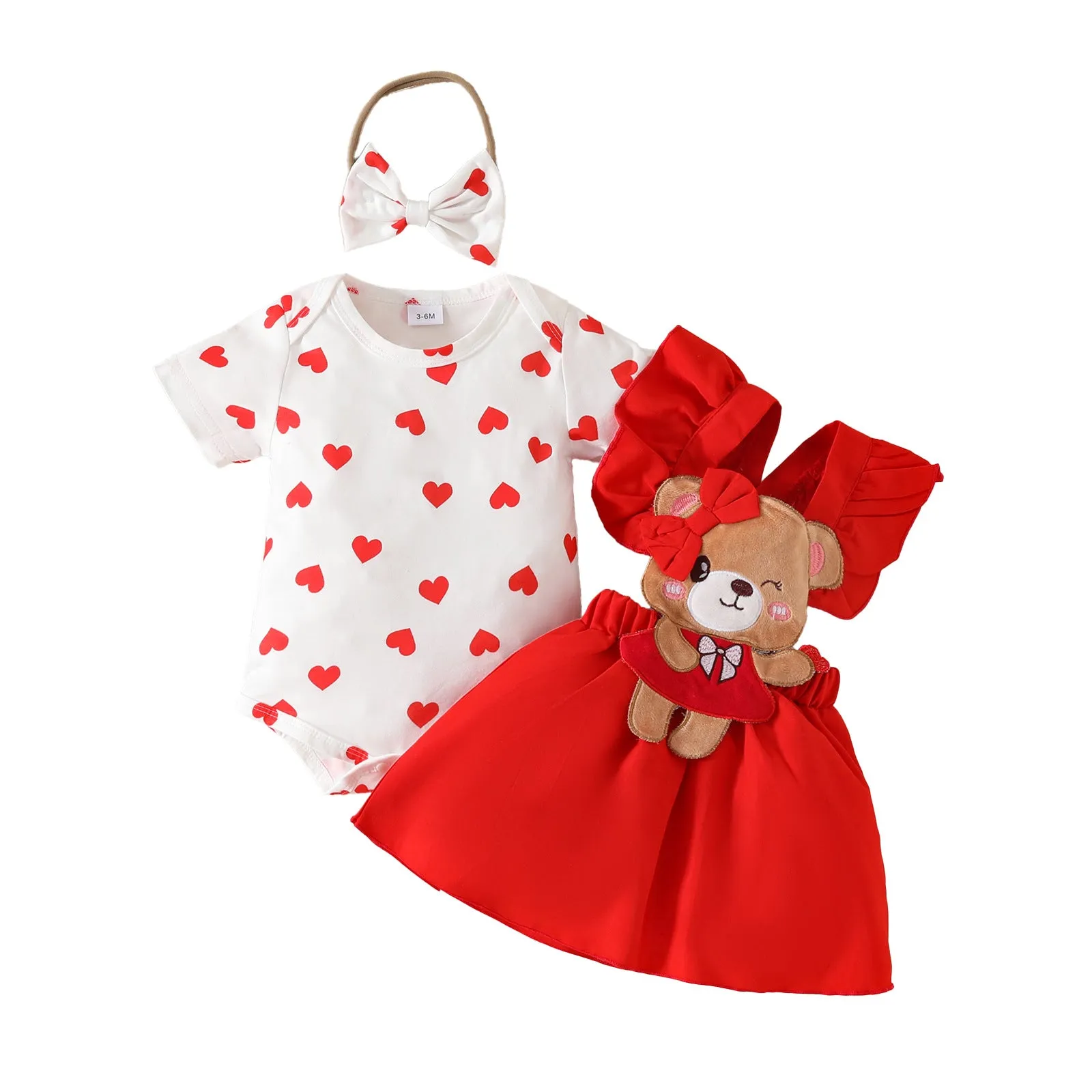 Baby jumpsuit overalls dress set for baby girl with heart short sleeves triangle romper with bear chapter ruffled dress