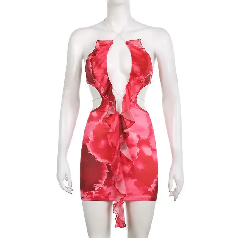 Backless Color Printed Dress - Low Collar Halter Design
