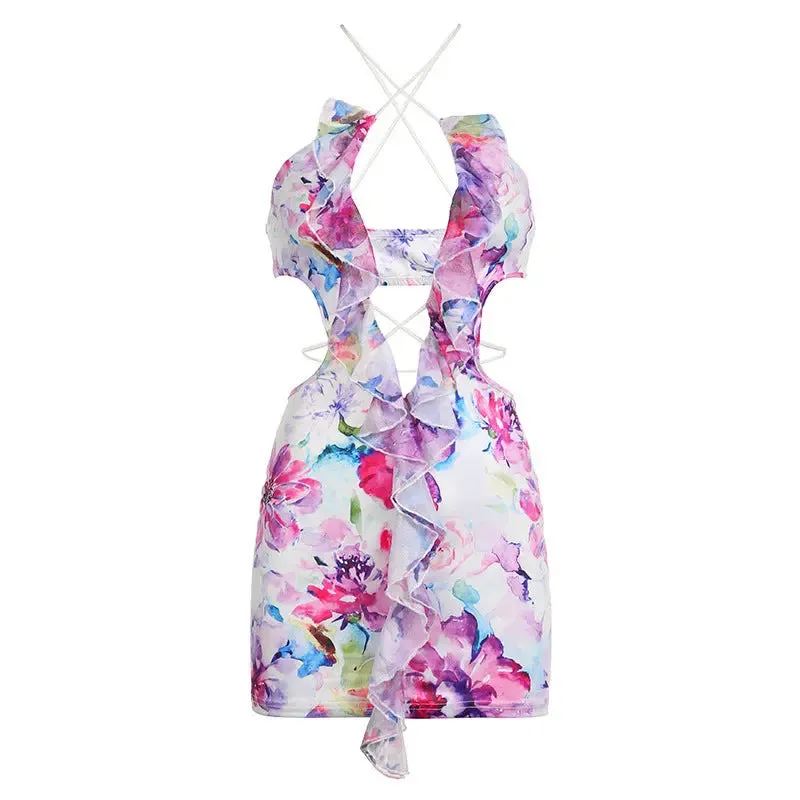 Backless Color Printed Dress - Low Collar Halter Design