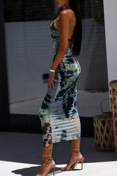 Backless Printed Halter Neck Dress