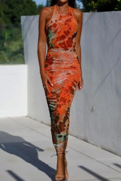 Backless Printed Halter Neck Dress