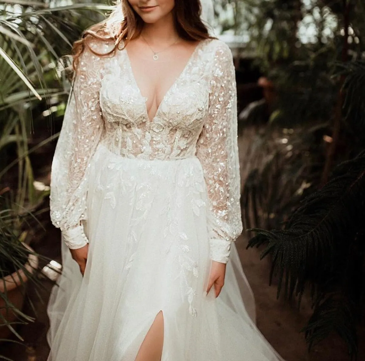 Beads Sequined Button Floor Length Sweep Train Bride Gown