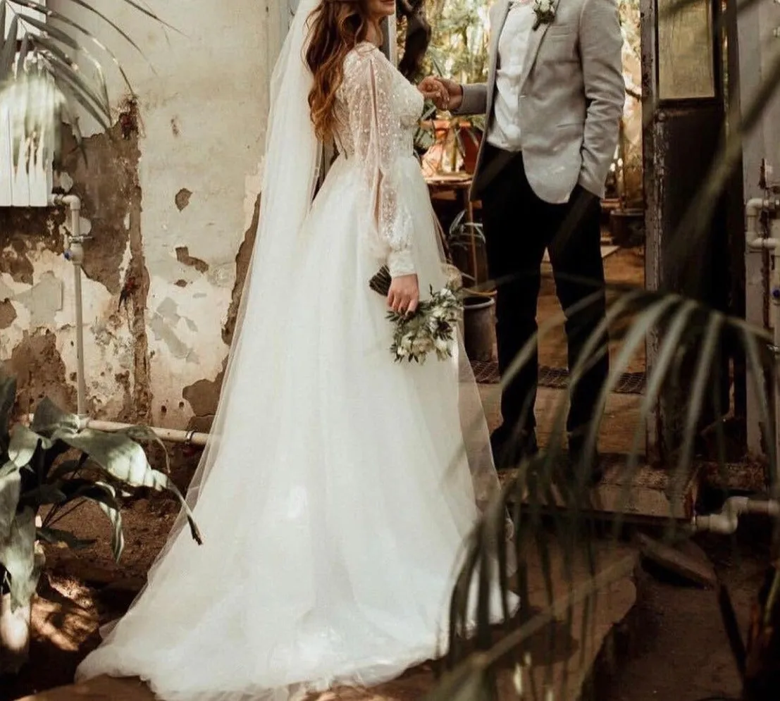 Beads Sequined Button Floor Length Sweep Train Bride Gown