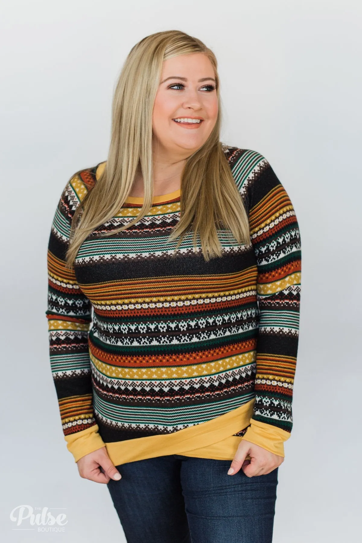 Beat The Chill Printed Top- Mustard