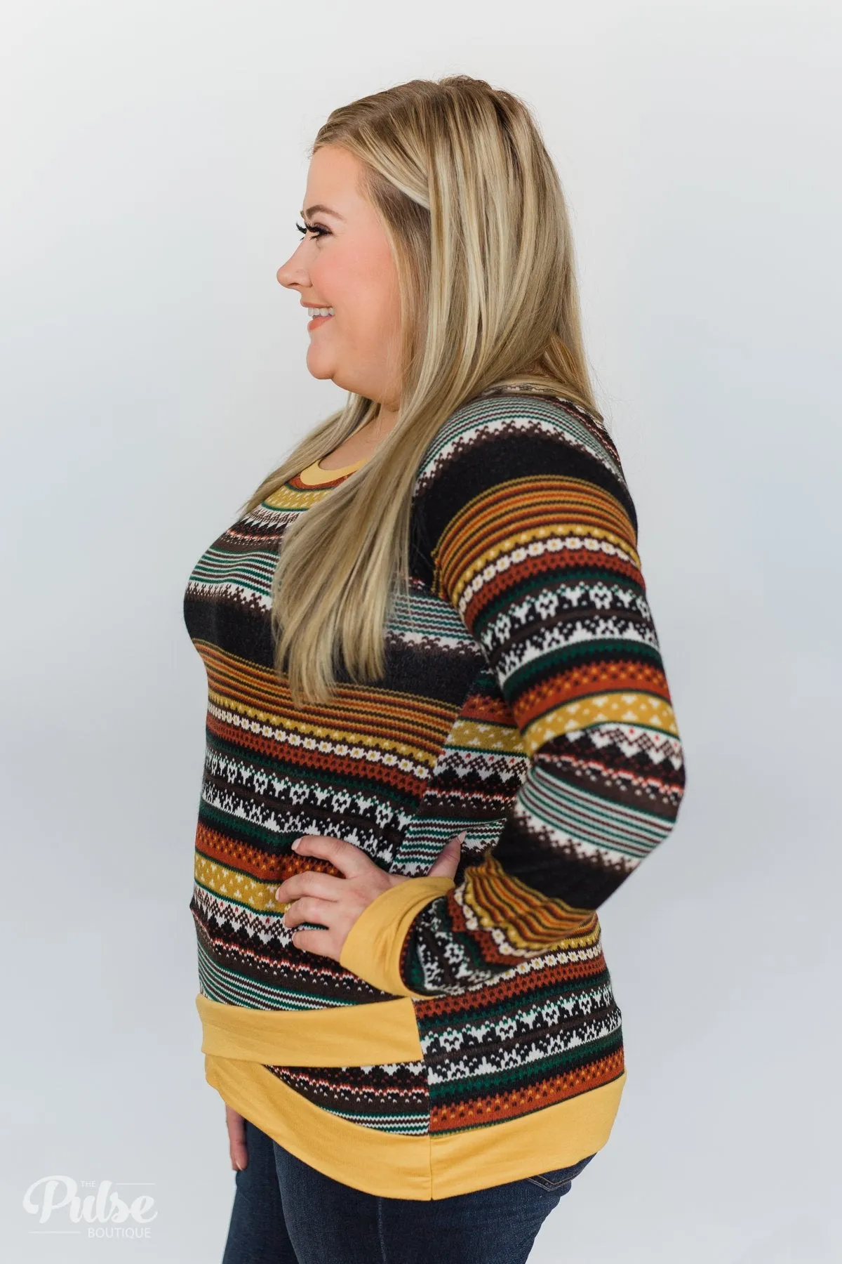 Beat The Chill Printed Top- Mustard