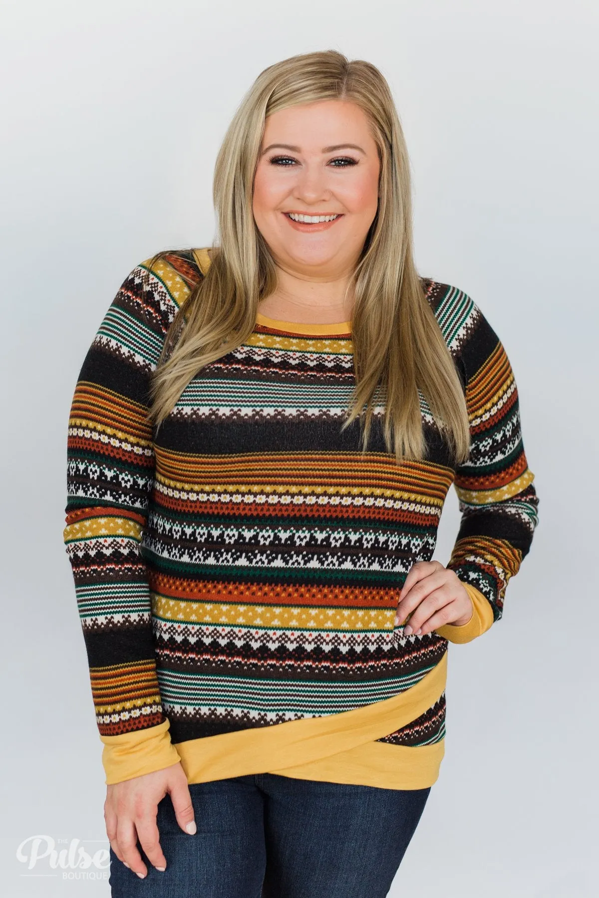 Beat The Chill Printed Top- Mustard