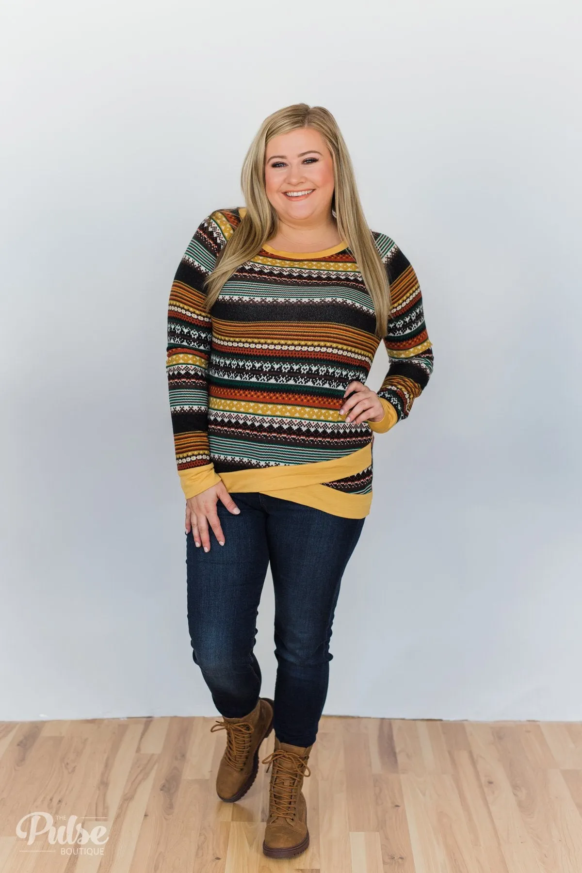 Beat The Chill Printed Top- Mustard