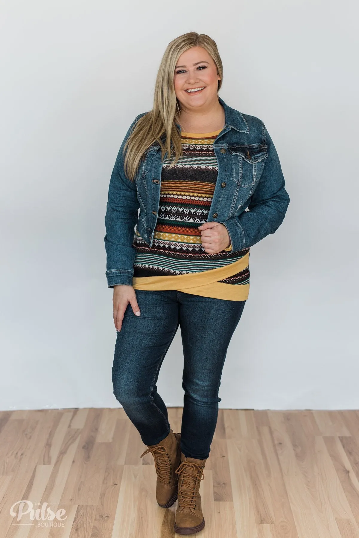 Beat The Chill Printed Top- Mustard