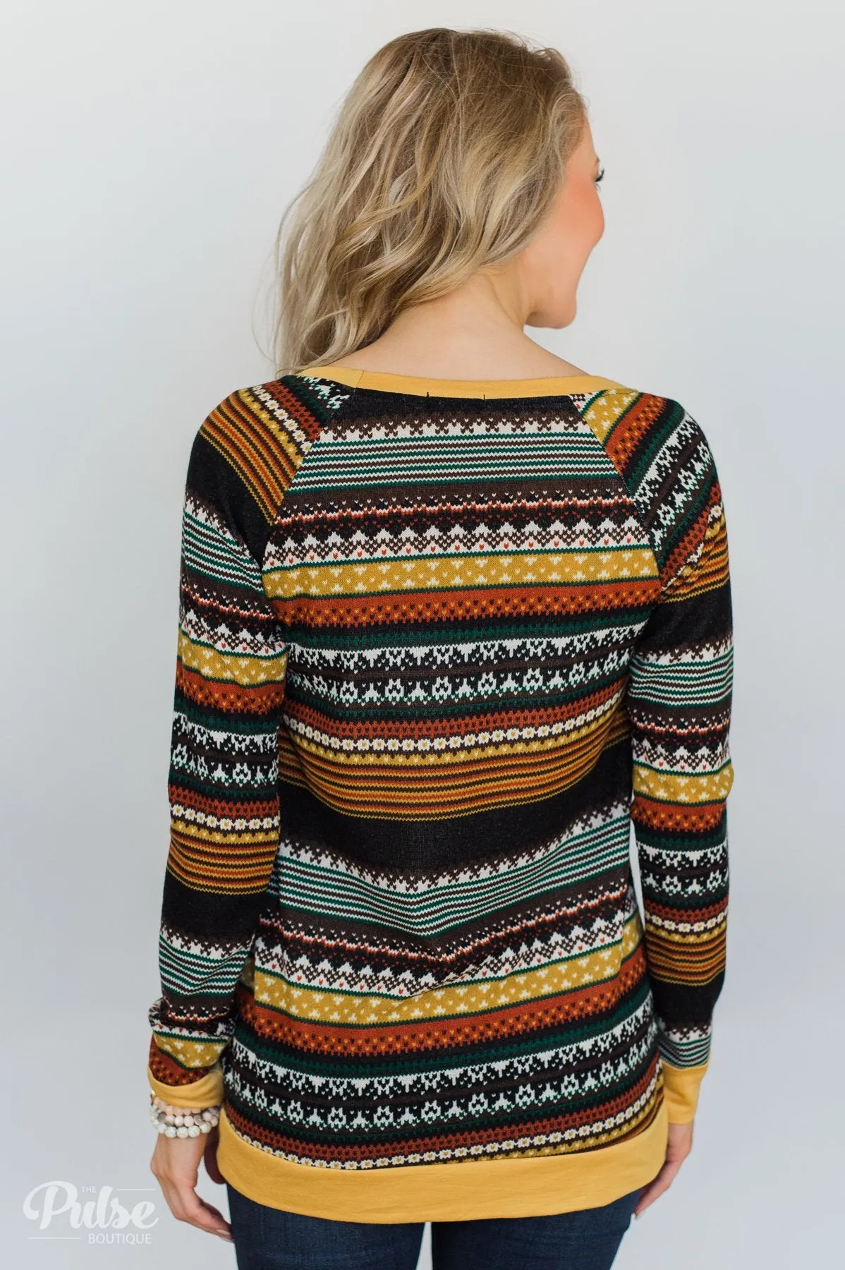 Beat The Chill Printed Top- Mustard