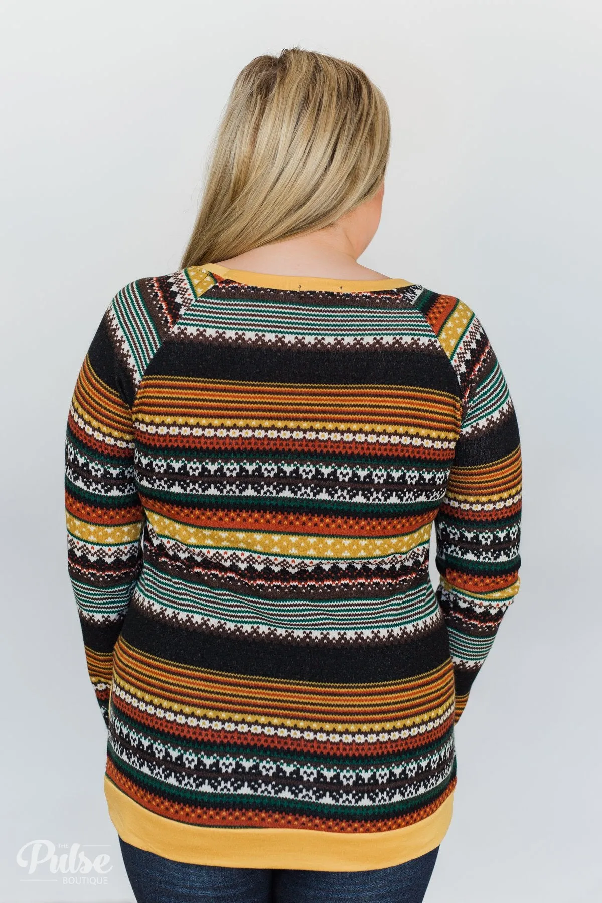Beat The Chill Printed Top- Mustard