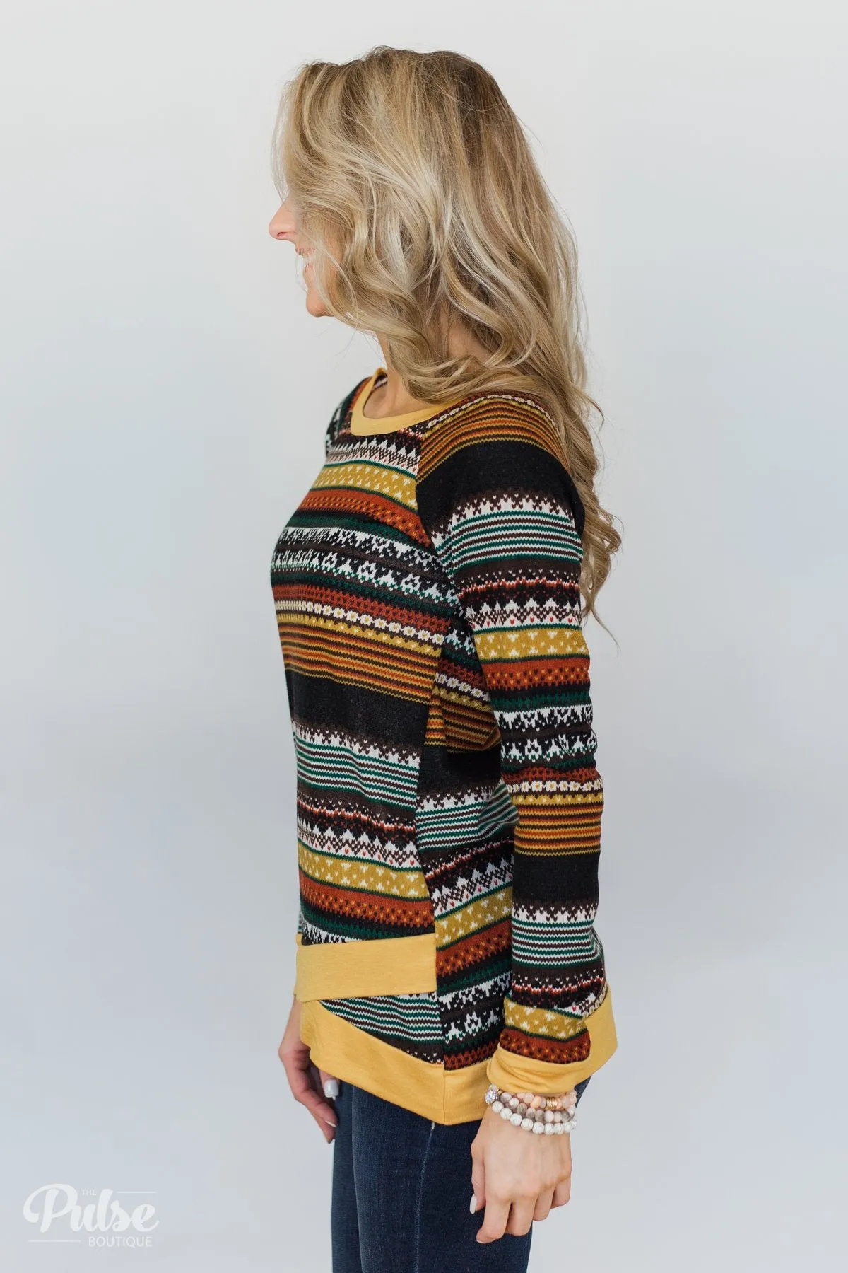 Beat The Chill Printed Top- Mustard