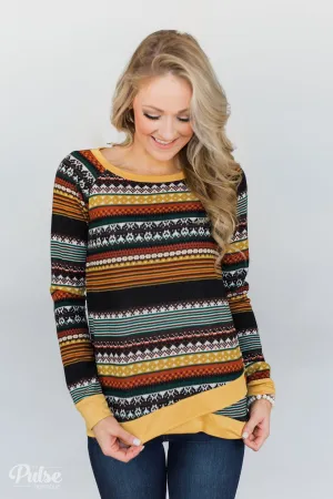 Beat The Chill Printed Top- Mustard