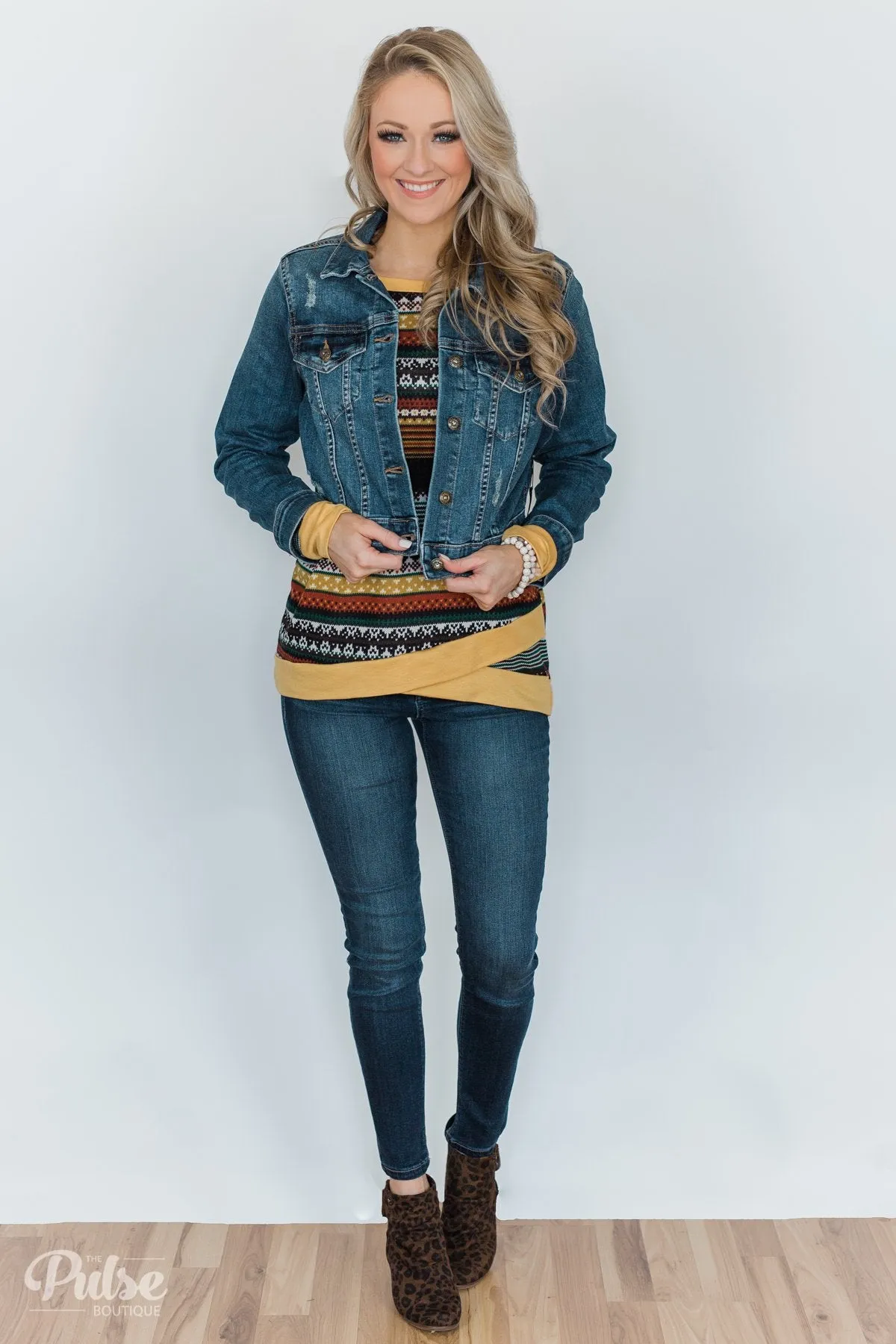 Beat The Chill Printed Top- Mustard