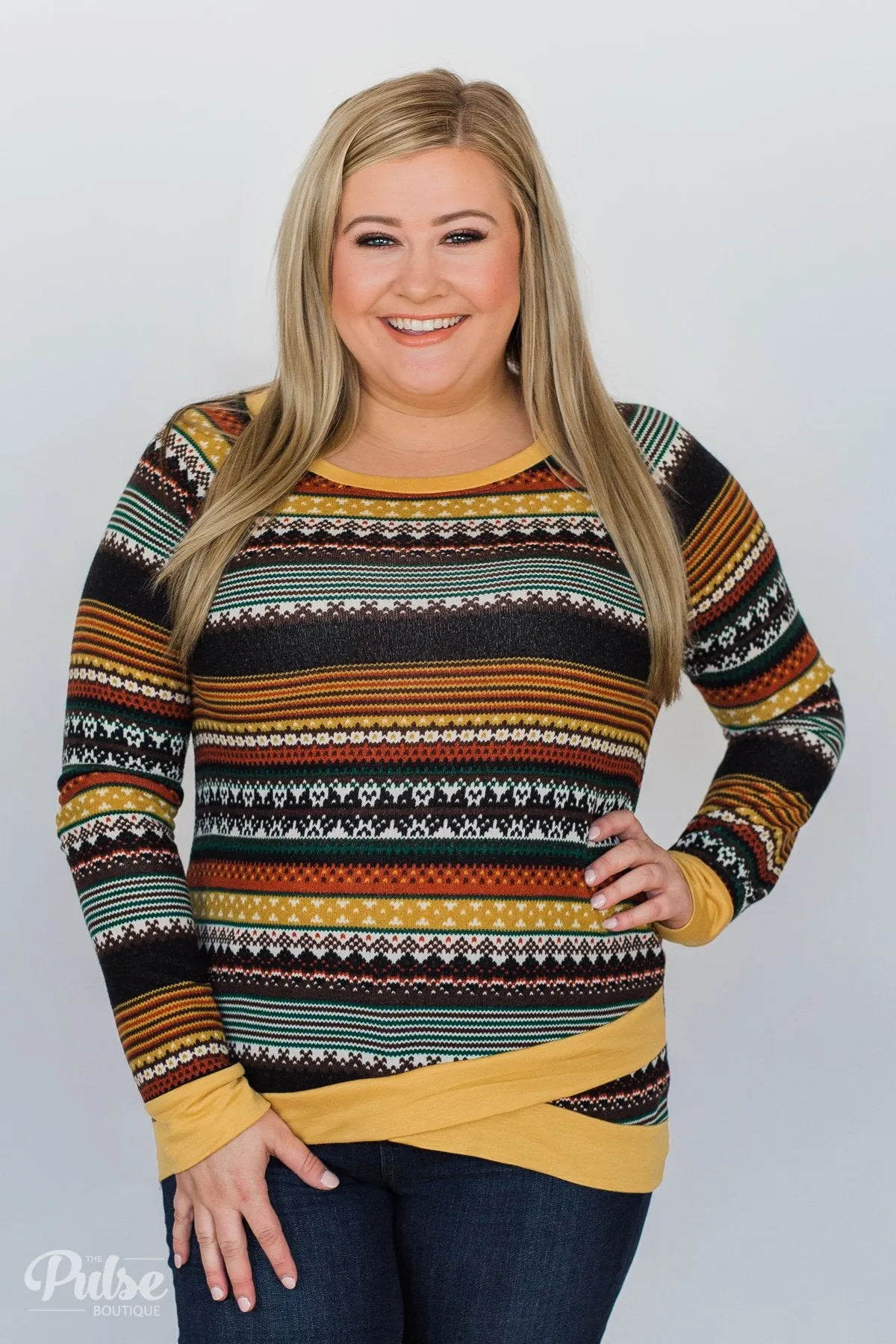 Beat The Chill Printed Top- Mustard