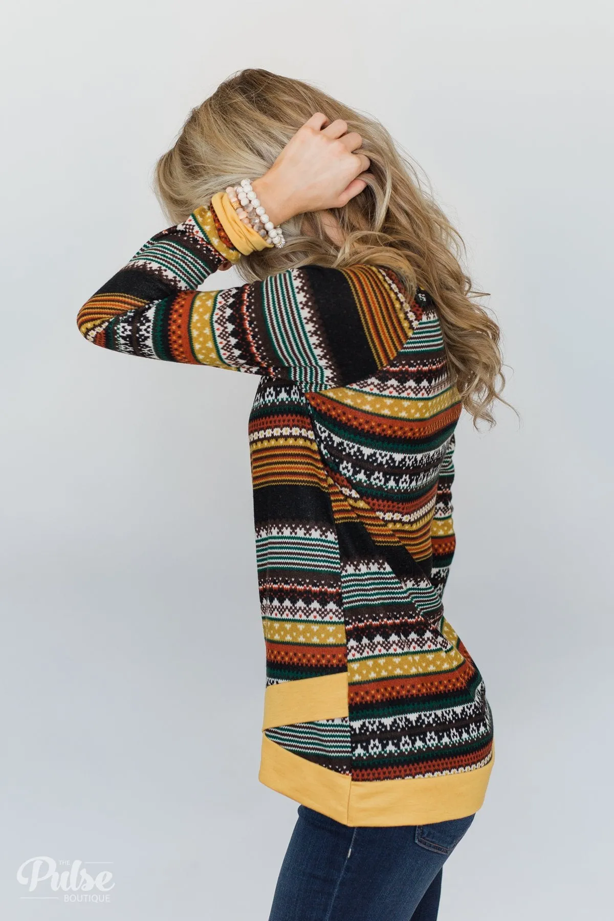 Beat The Chill Printed Top- Mustard
