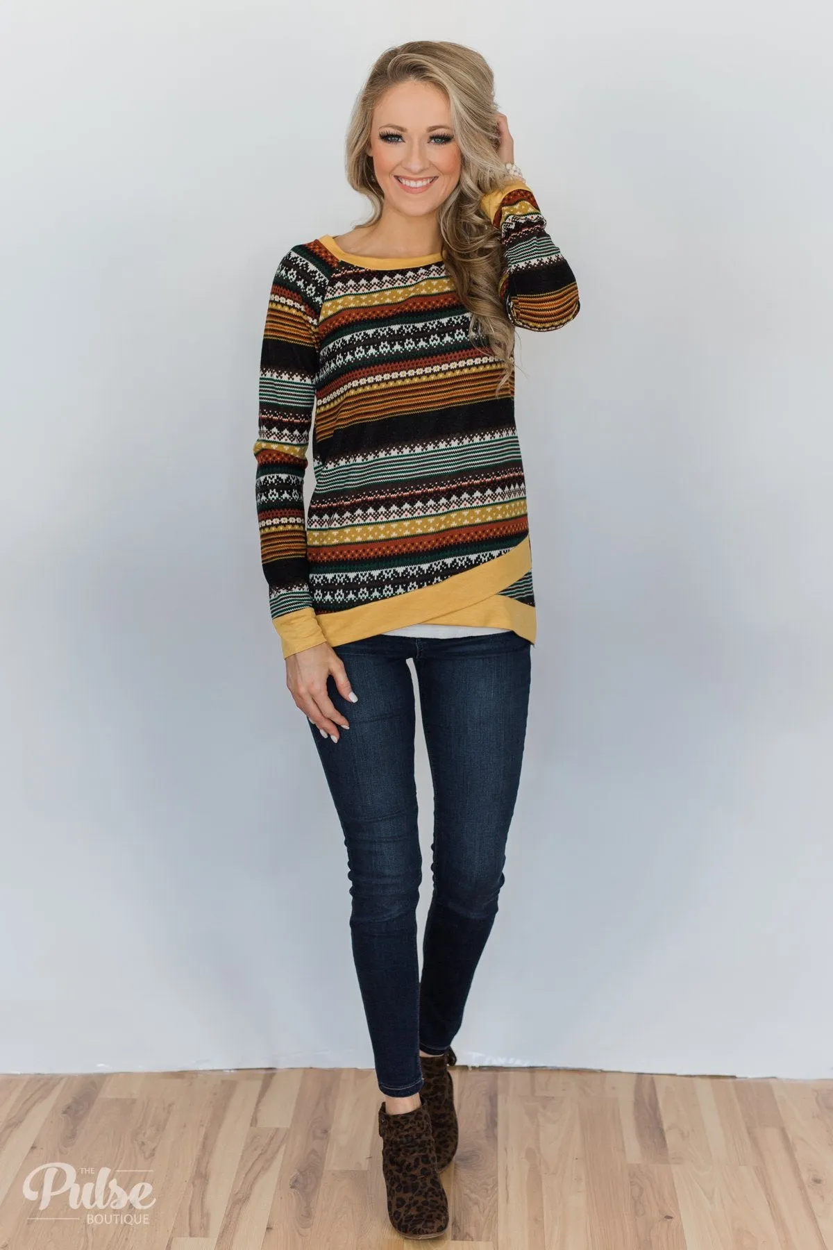 Beat The Chill Printed Top- Mustard