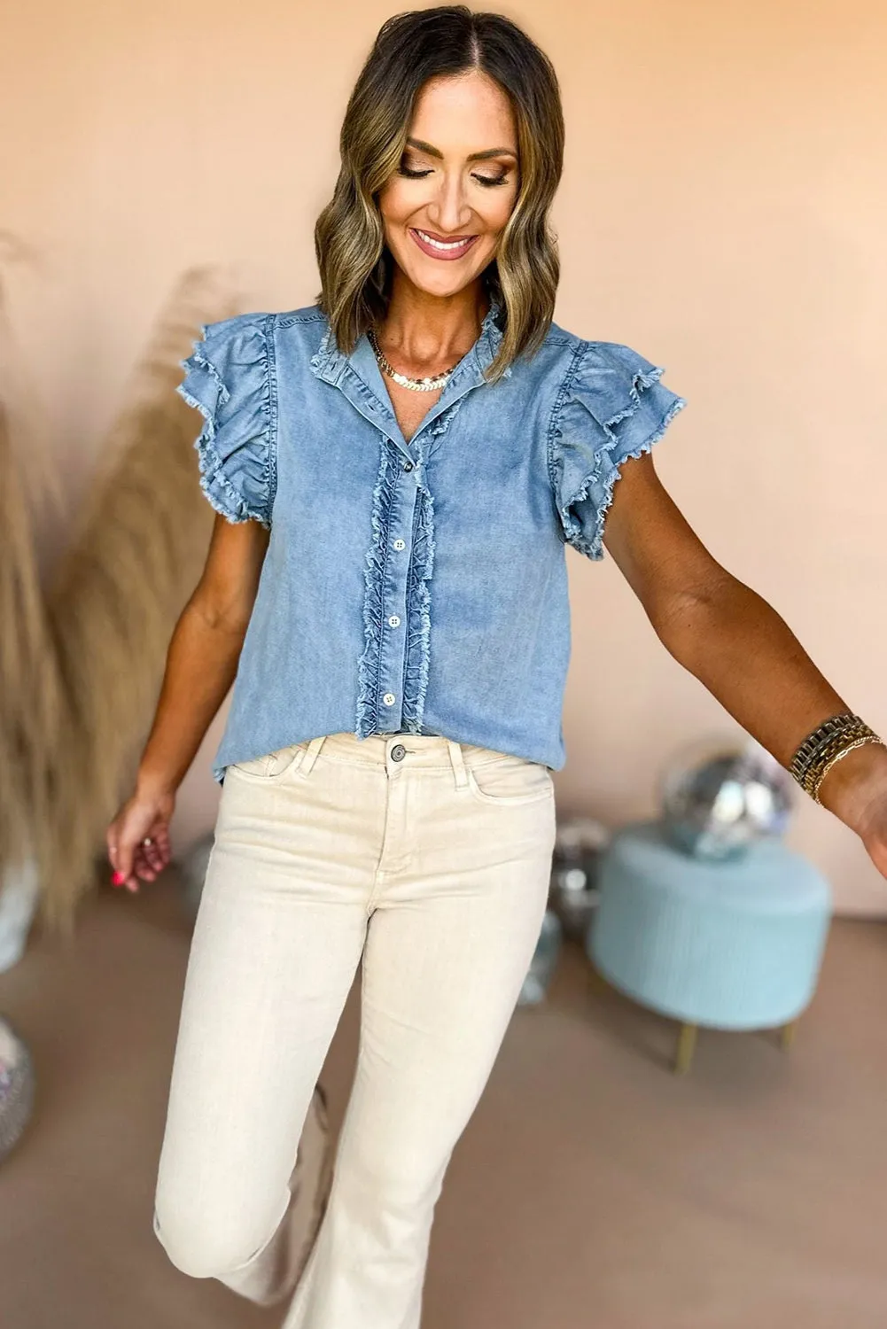 Beau Blue Button Front Ruffled Flutter Frayed Denim Top