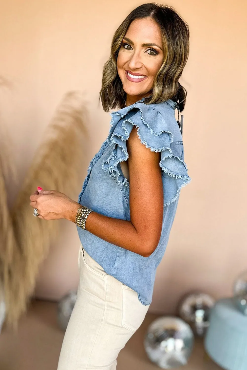 Beau Blue Button Front Ruffled Flutter Frayed Denim Top