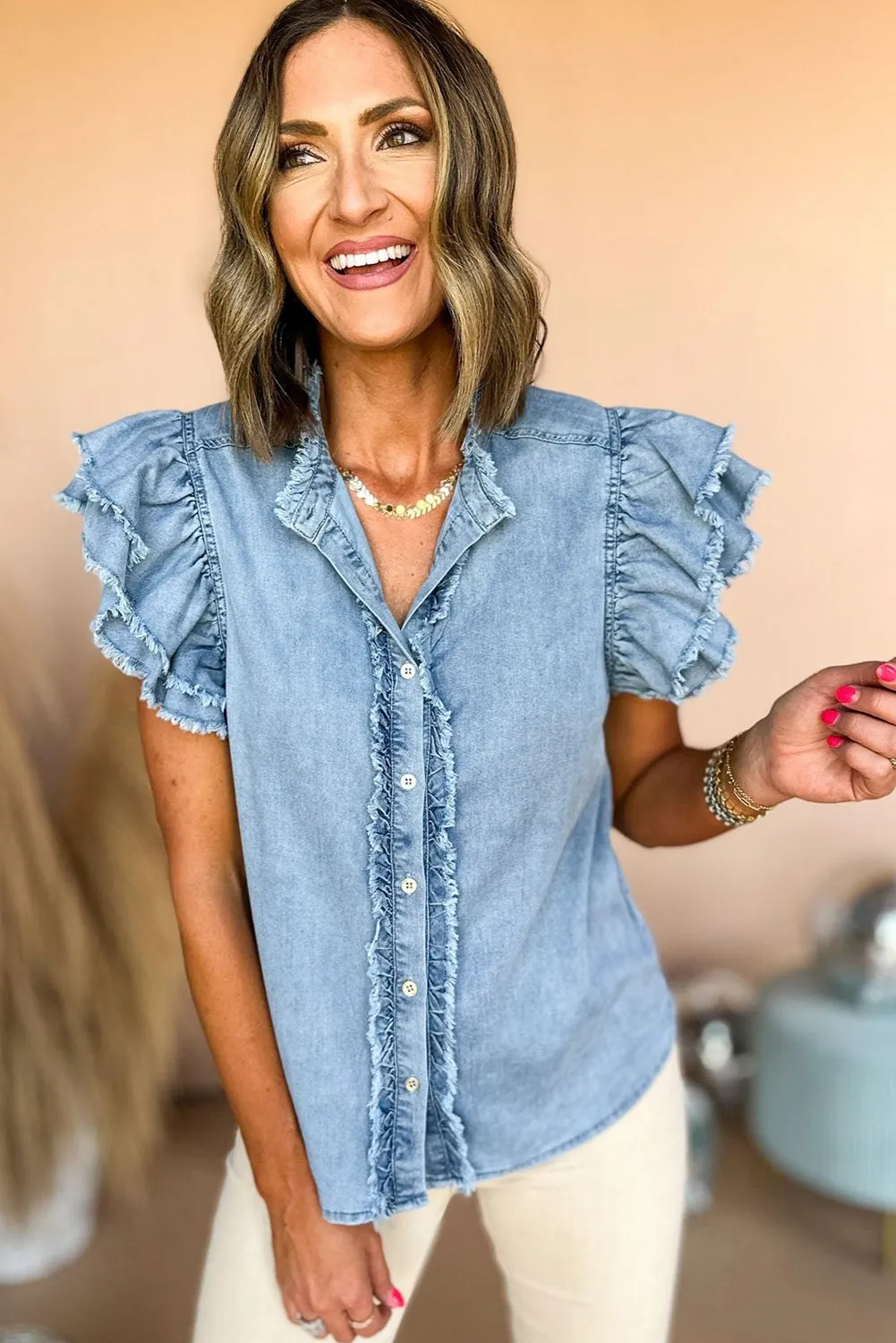 Beau Blue Button Front Ruffled Flutter Frayed Denim Top