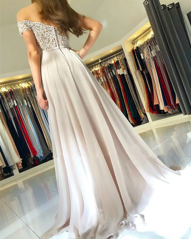 Beautiful Light Champagne Prom Dresses Lace Appliques Off The Shoulder Long Homecoming Dress