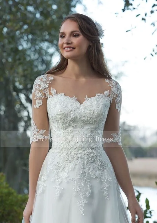 Beautiful Wedding Dress Organza Satin A-Line Gown with Illusion Sleeves and Lace Appliques Bridal Dresses