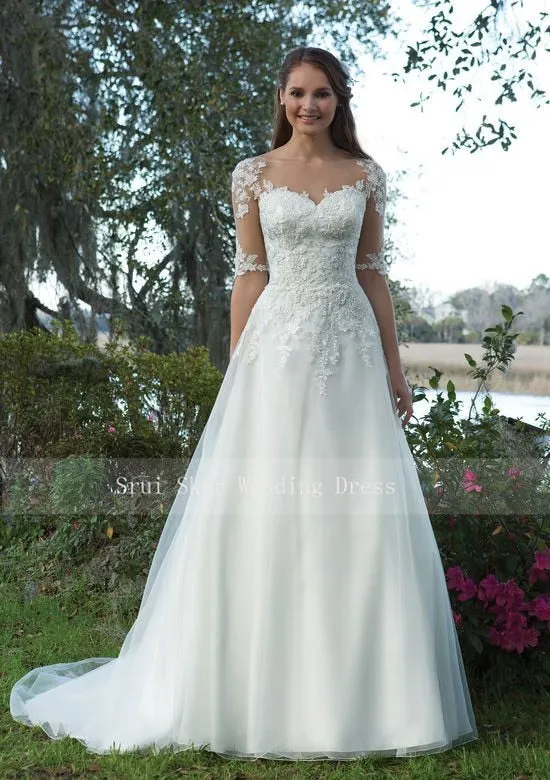 Beautiful Wedding Dress Organza Satin A-Line Gown with Illusion Sleeves and Lace Appliques Bridal Dresses