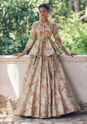 Beige printed jacquard peplum lehenga set
