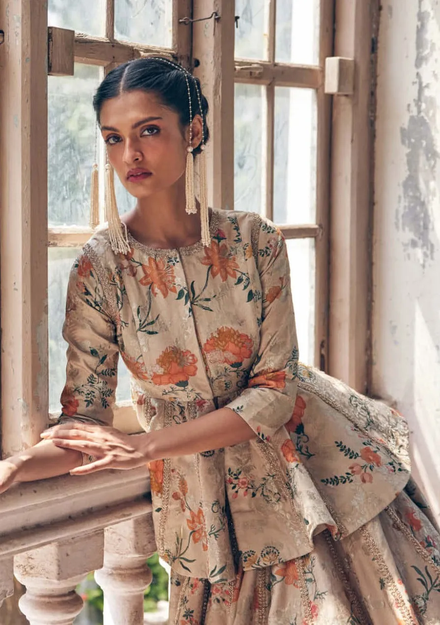Beige printed jacquard peplum lehenga set