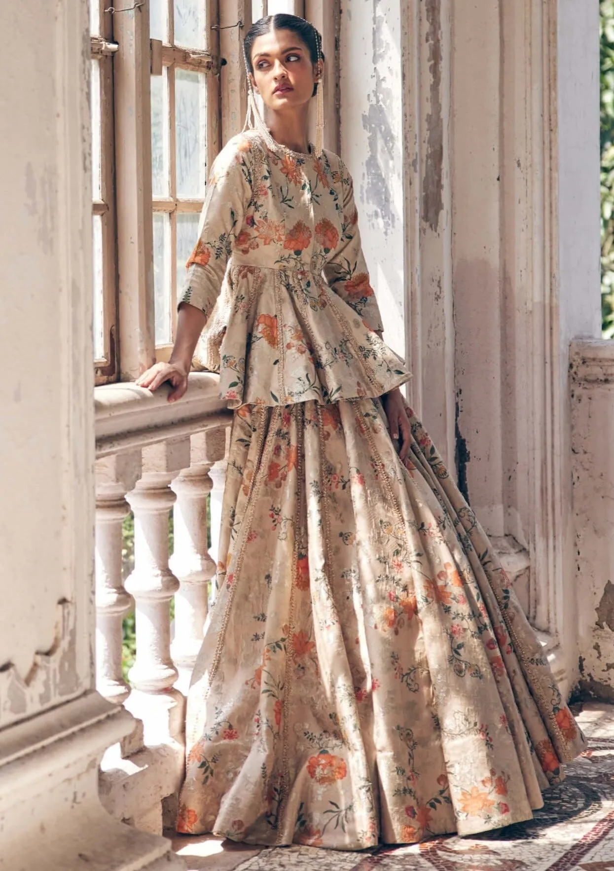 Beige printed jacquard peplum lehenga set