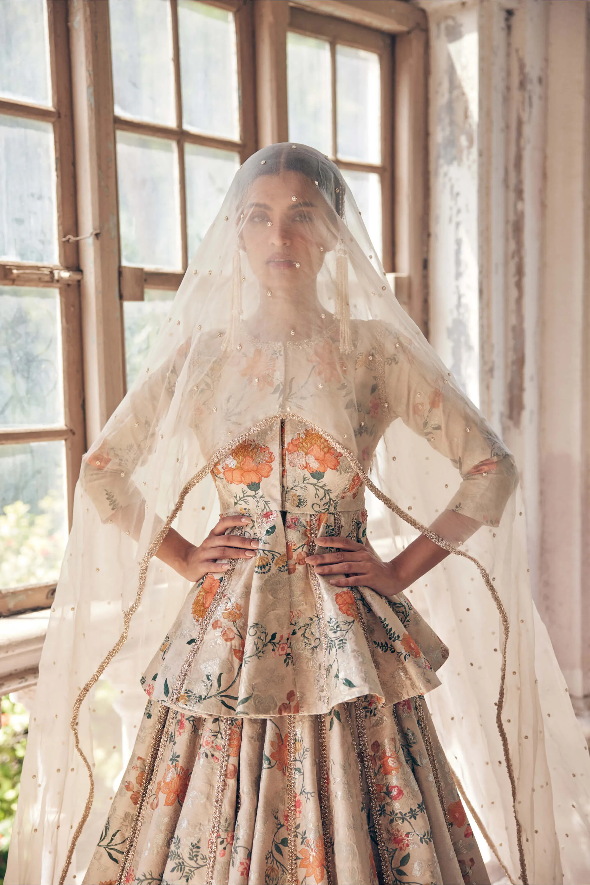 Beige printed jacquard peplum lehenga set