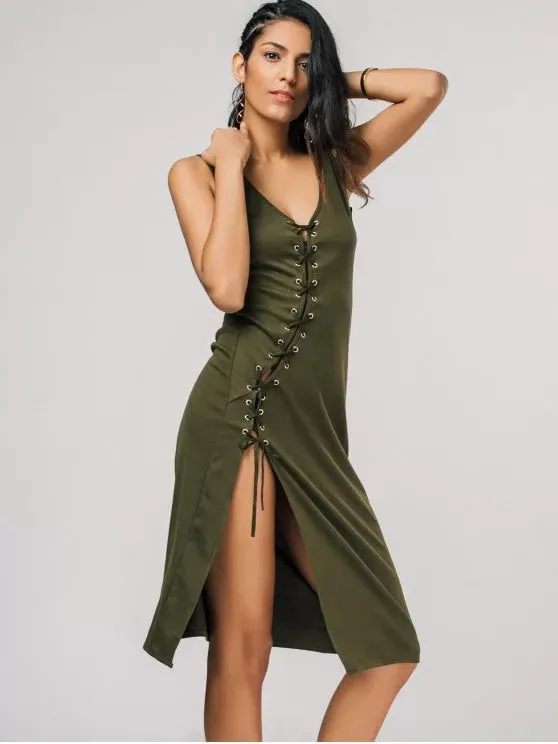 BerryBetty - Fashion Bias Cut Lace Up Pencil Tank Dress