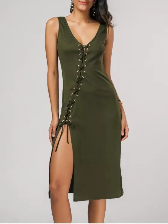 BerryBetty - Fashion Bias Cut Lace Up Pencil Tank Dress